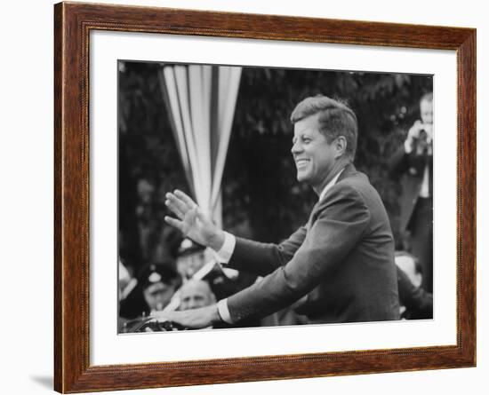 President John F. Kennedy, Waving at Crowd During Speech-John Dominis-Framed Photographic Print