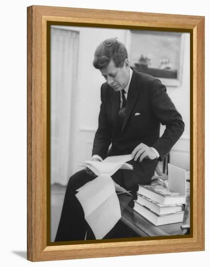 President John F. Kennedy Working in the White House Office-null-Framed Premier Image Canvas