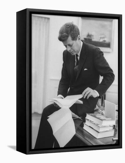 President John F. Kennedy Working in the White House Office-null-Framed Premier Image Canvas