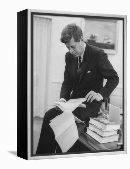 President John F. Kennedy Working in the White House Office-null-Framed Premier Image Canvas