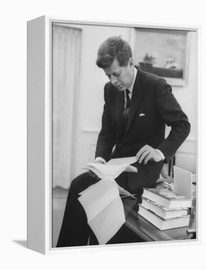 President John F. Kennedy Working in the White House Office-null-Framed Premier Image Canvas