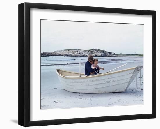 President John Kennedy and John Jr. Play in a Beached Rowboat at Newport, Rhode Island. 1962--Framed Photo