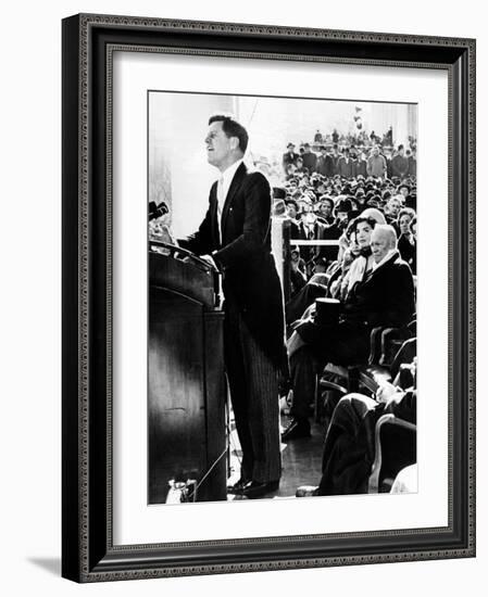 President John Kennedy Delivering His Inaugural Address-null-Framed Photo