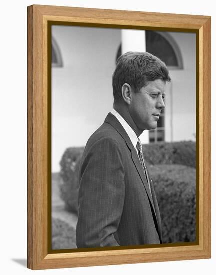 President John Kennedy in the White House Rose Garden. Oct. 24, 1961-null-Framed Stretched Canvas