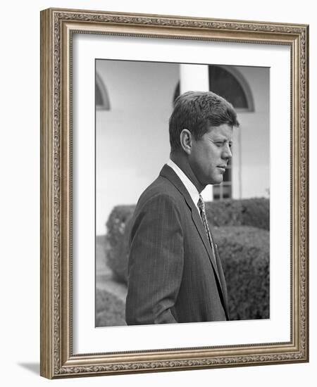 President John Kennedy in the White House Rose Garden. Oct. 24, 1961-null-Framed Photo