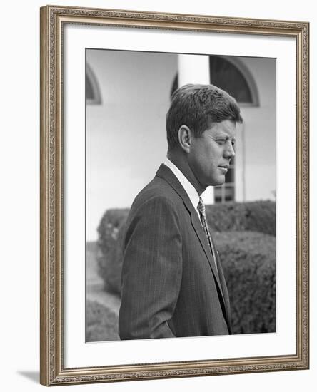 President John Kennedy in the White House Rose Garden. Oct. 24, 1961-null-Framed Photo