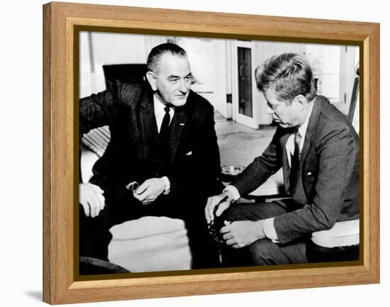 President John Kennedy Meeting with Vice President Lyndon Johnson-null-Framed Stretched Canvas