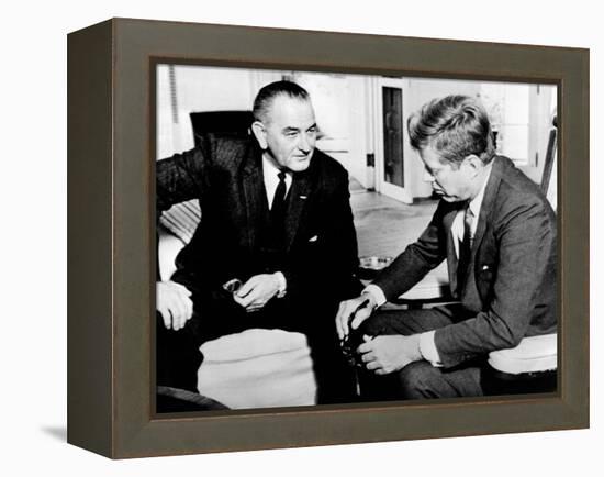 President John Kennedy Meeting with Vice President Lyndon Johnson-null-Framed Stretched Canvas