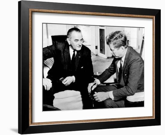 President John Kennedy Meeting with Vice President Lyndon Johnson-null-Framed Photo