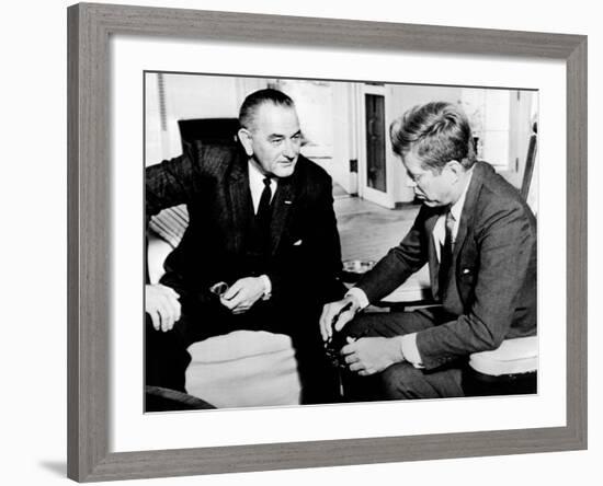 President John Kennedy Meeting with Vice President Lyndon Johnson-null-Framed Photo