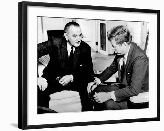 President John Kennedy Meeting with Vice President Lyndon Johnson-null-Framed Photo