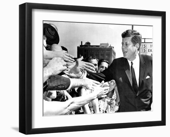 President John Kennedy Shakes Hands as He Arrives at Independence Hall, July 4, 1962-null-Framed Photo