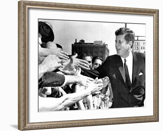 President John Kennedy Shakes Hands as He Arrives at Independence Hall, July 4, 1962-null-Framed Photo