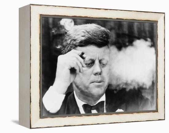 President John Kennedy, Smoking a Cigar at a Democratic Fundraiser, Oct. 19, 1963-null-Framed Stretched Canvas