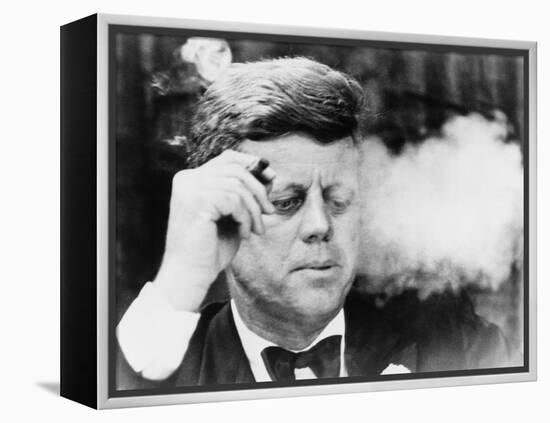 President John Kennedy, Smoking a Cigar at a Democratic Fundraiser, Oct. 19, 1963-null-Framed Stretched Canvas