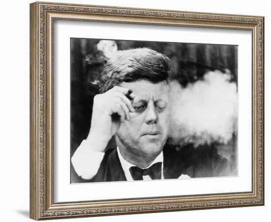 President John Kennedy, Smoking a Cigar at a Democratic Fundraiser, Oct. 19, 1963-null-Framed Photo