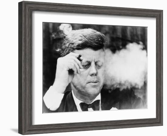 President John Kennedy, Smoking a Cigar at a Democratic Fundraiser, Oct. 19, 1963-null-Framed Photo