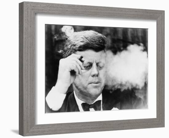 President John Kennedy, Smoking a Cigar at a Democratic Fundraiser, Oct. 19, 1963-null-Framed Photo