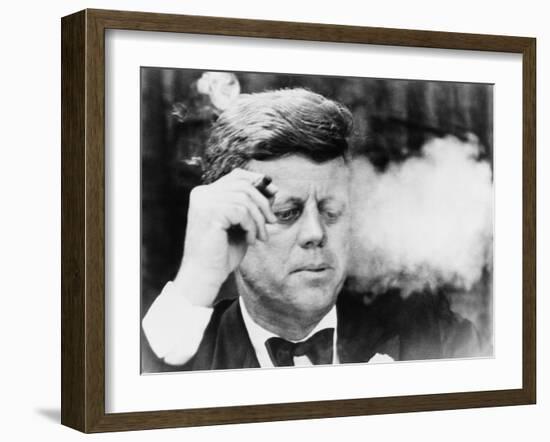 President John Kennedy, Smoking a Cigar at a Democratic Fundraiser, Oct. 19, 1963-null-Framed Photo