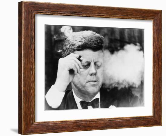 President John Kennedy, Smoking a Cigar at a Democratic Fundraiser, Oct. 19, 1963-null-Framed Photo