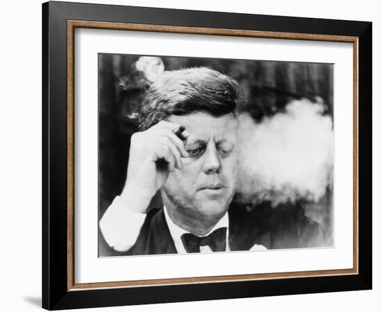 President John Kennedy, Smoking a Cigar at a Democratic Fundraiser, Oct. 19, 1963-null-Framed Photo