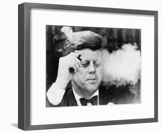 President John Kennedy, Smoking a Cigar at a Democratic Fundraiser, Oct. 19, 1963-null-Framed Photo