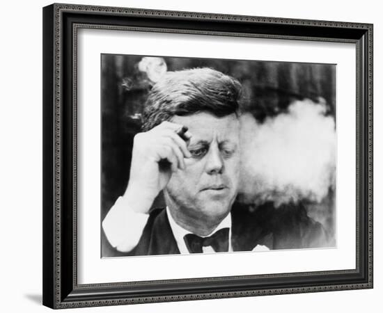 President John Kennedy, Smoking a Cigar at a Democratic Fundraiser, Oct. 19, 1963-null-Framed Photo