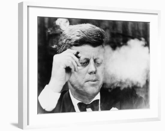 President John Kennedy, Smoking a Cigar at a Democratic Fundraiser, Oct. 19, 1963-null-Framed Photo