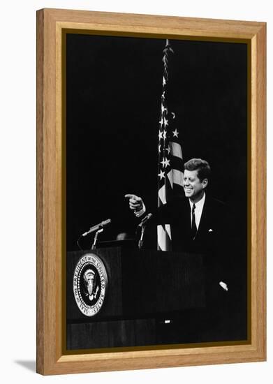 President Kennedy Pointing to a Reporter During a Press Conference, 1961-63-null-Framed Stretched Canvas