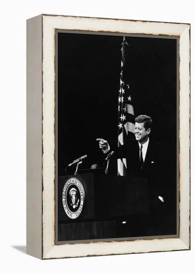 President Kennedy Pointing to a Reporter During a Press Conference, 1961-63-null-Framed Stretched Canvas