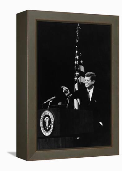 President Kennedy Pointing to a Reporter During a Press Conference, 1961-63-null-Framed Stretched Canvas