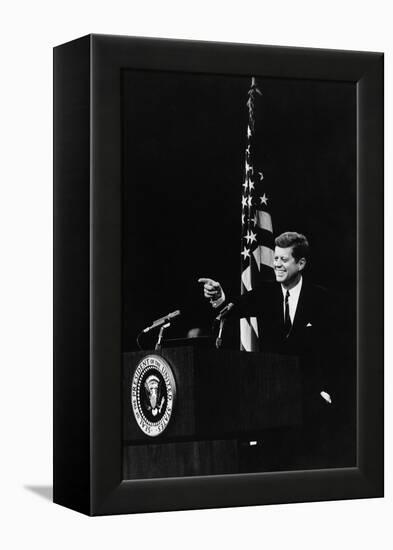 President Kennedy Pointing to a Reporter During a Press Conference, 1961-63-null-Framed Stretched Canvas