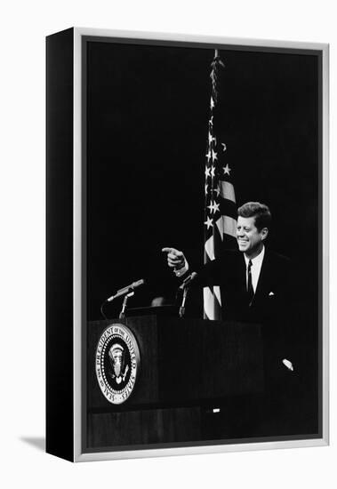 President Kennedy Pointing to a Reporter During a Press Conference, 1961-63-null-Framed Stretched Canvas