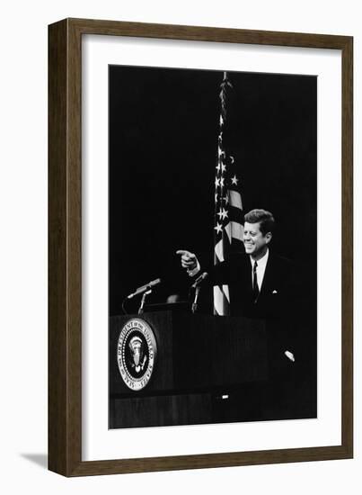 President Kennedy Pointing to a Reporter During a Press Conference, 1961-63-null-Framed Photo