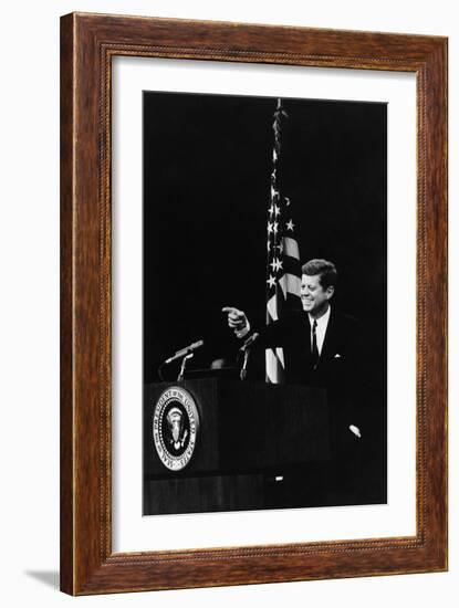 President Kennedy Pointing to a Reporter During a Press Conference, 1961-63-null-Framed Photo