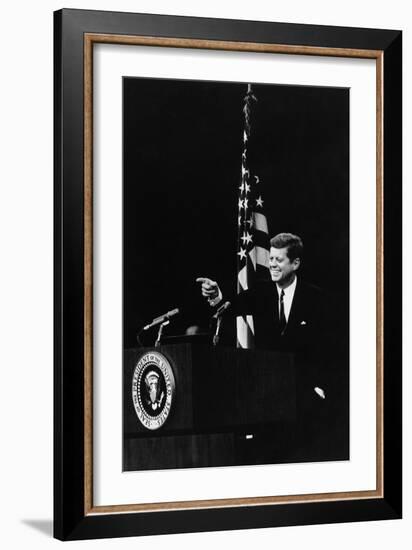 President Kennedy Pointing to a Reporter During a Press Conference, 1961-63-null-Framed Photo