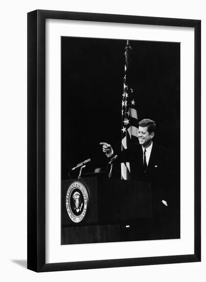 President Kennedy Pointing to a Reporter During a Press Conference, 1961-63--Framed Photo