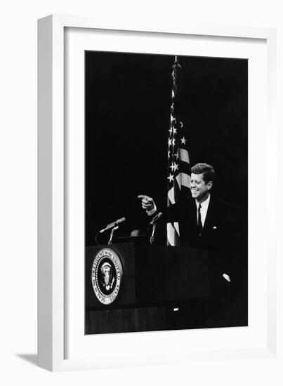 President Kennedy Pointing to a Reporter During a Press Conference, 1961-63-null-Framed Photo