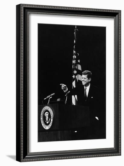 President Kennedy Pointing to a Reporter During a Press Conference, 1961-63-null-Framed Photo