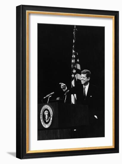 President Kennedy Pointing to a Reporter During a Press Conference, 1961-63-null-Framed Photo