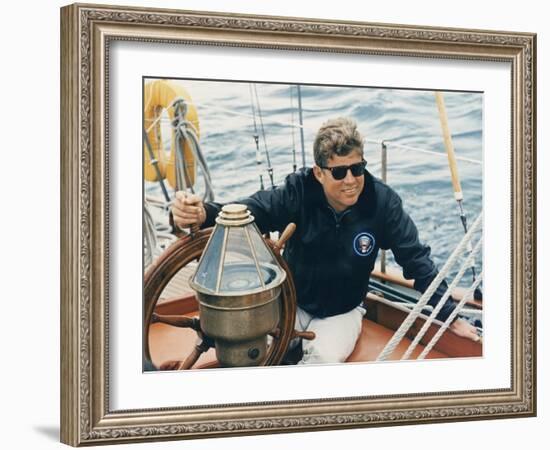 President Kennedy Sailing Aboard US Coast Guard Yacht 'Manitou', Rhode Island, 1962-null-Framed Photo