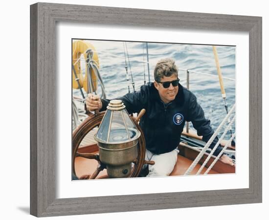 President Kennedy Sailing Aboard US Coast Guard Yacht 'Manitou', Rhode Island, 1962-null-Framed Photo