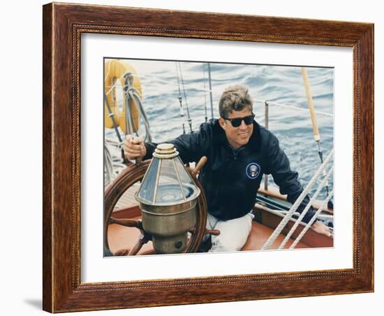 President Kennedy Sailing Aboard US Coast Guard Yacht 'Manitou', Rhode Island, 1962-null-Framed Photo