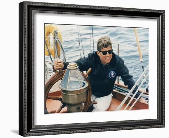 President Kennedy Sailing Aboard US Coast Guard Yacht 'Manitou', Rhode Island, 1962-null-Framed Photo