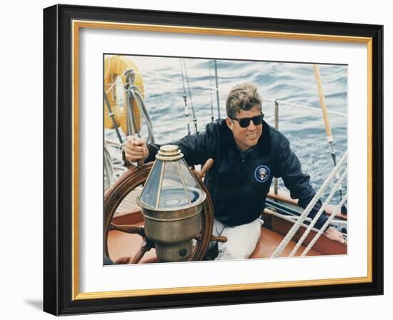 President Kennedy Sailing Aboard US Coast Guard Yacht 'Manitou', Rhode Island, 1962-null-Framed Photo