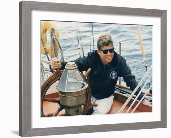 President Kennedy Sailing Aboard US Coast Guard Yacht 'Manitou', Rhode Island, 1962-null-Framed Photo