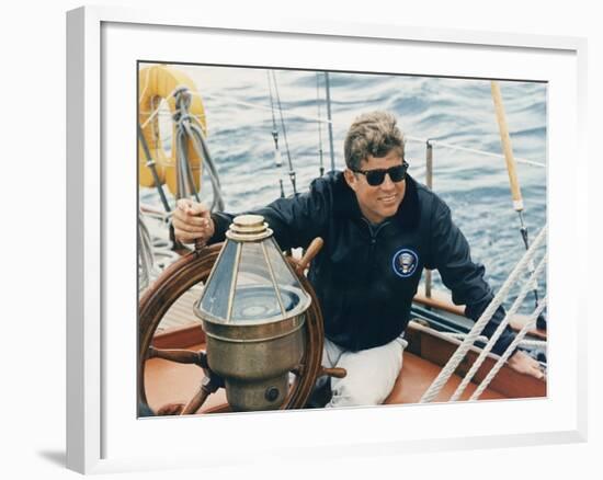 President Kennedy Sailing Aboard US Coast Guard Yacht 'Manitou', Rhode Island, 1962-null-Framed Photo