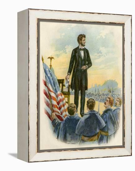 President Lincoln Giving His Speech at the Gettysburg Battlefield During the Civil War-null-Framed Premier Image Canvas