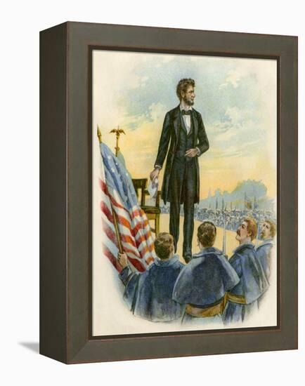 President Lincoln Giving His Speech at the Gettysburg Battlefield During the Civil War-null-Framed Premier Image Canvas