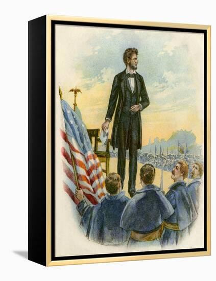 President Lincoln Giving His Speech at the Gettysburg Battlefield During the Civil War-null-Framed Premier Image Canvas